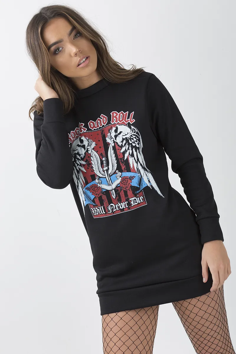 Black 'Rock And Roll' Graphic Print Jumper Dress - Lottie