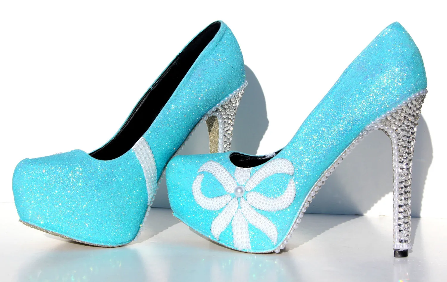 Blue Glitter Heels with Pearls