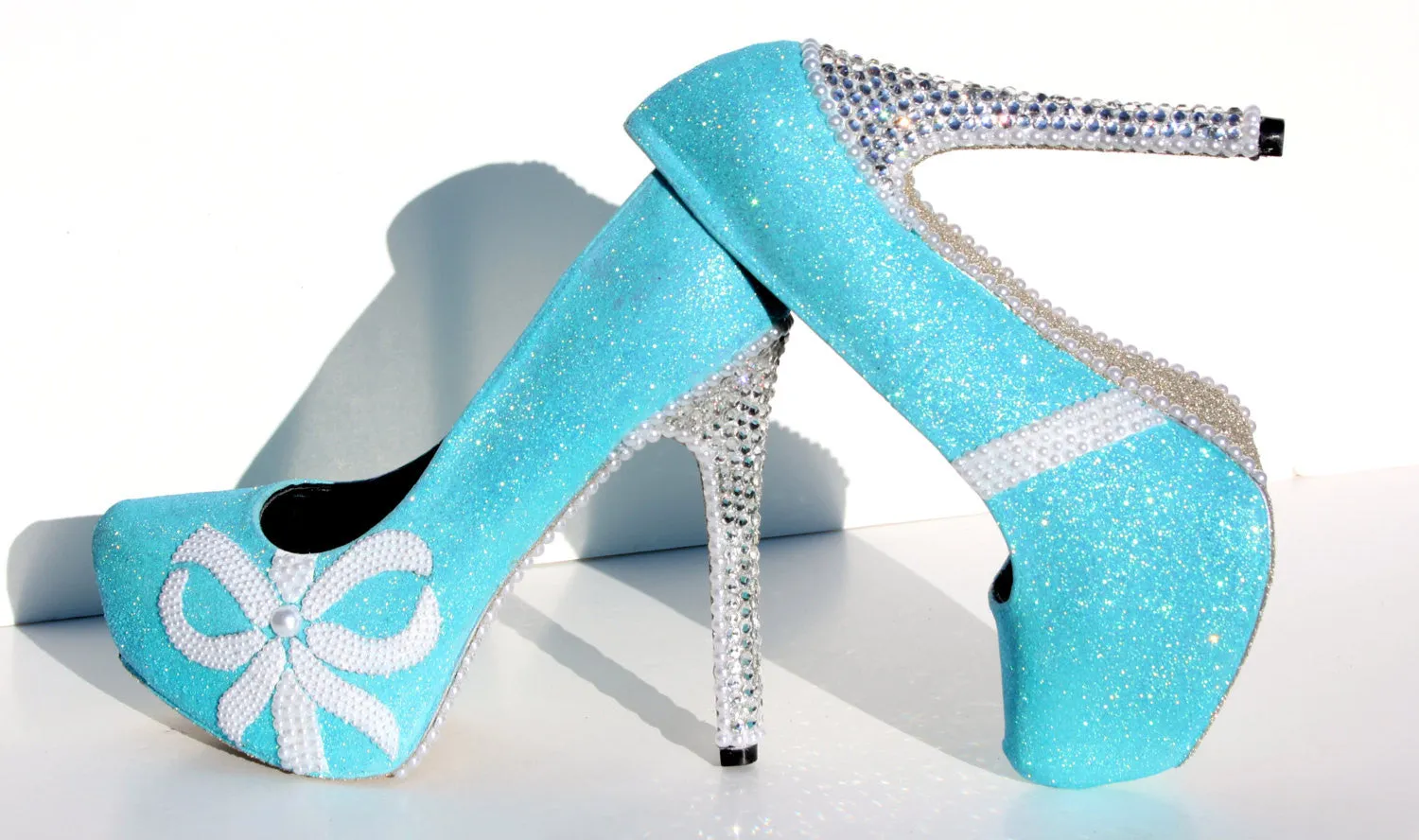 Blue Glitter Heels with Pearls