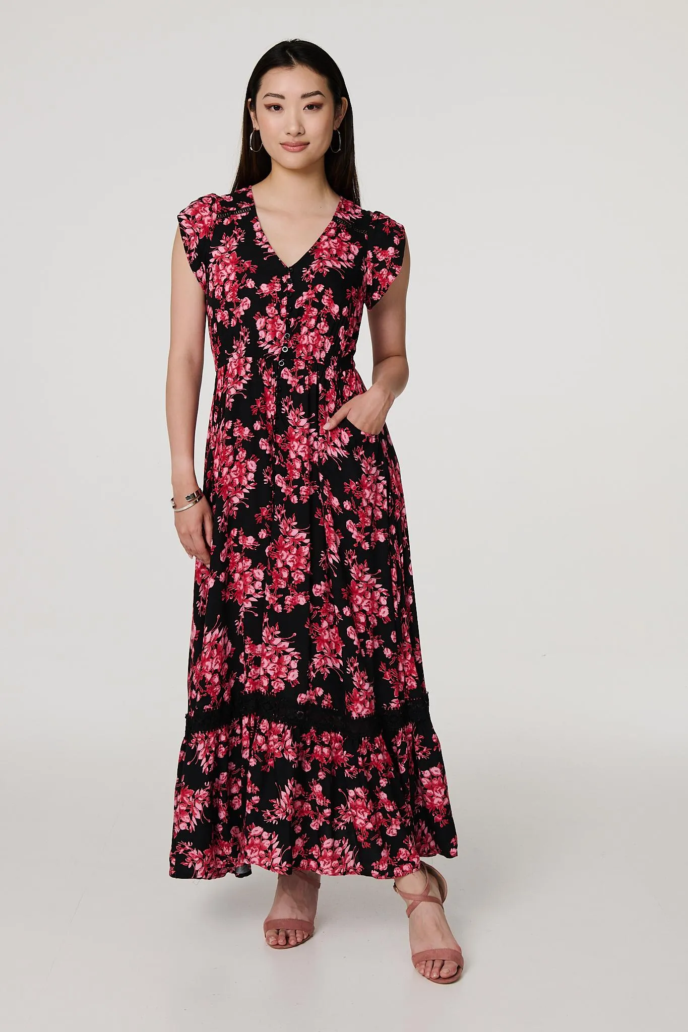 Floral Cap Sleeve Tiered Maxi Dress