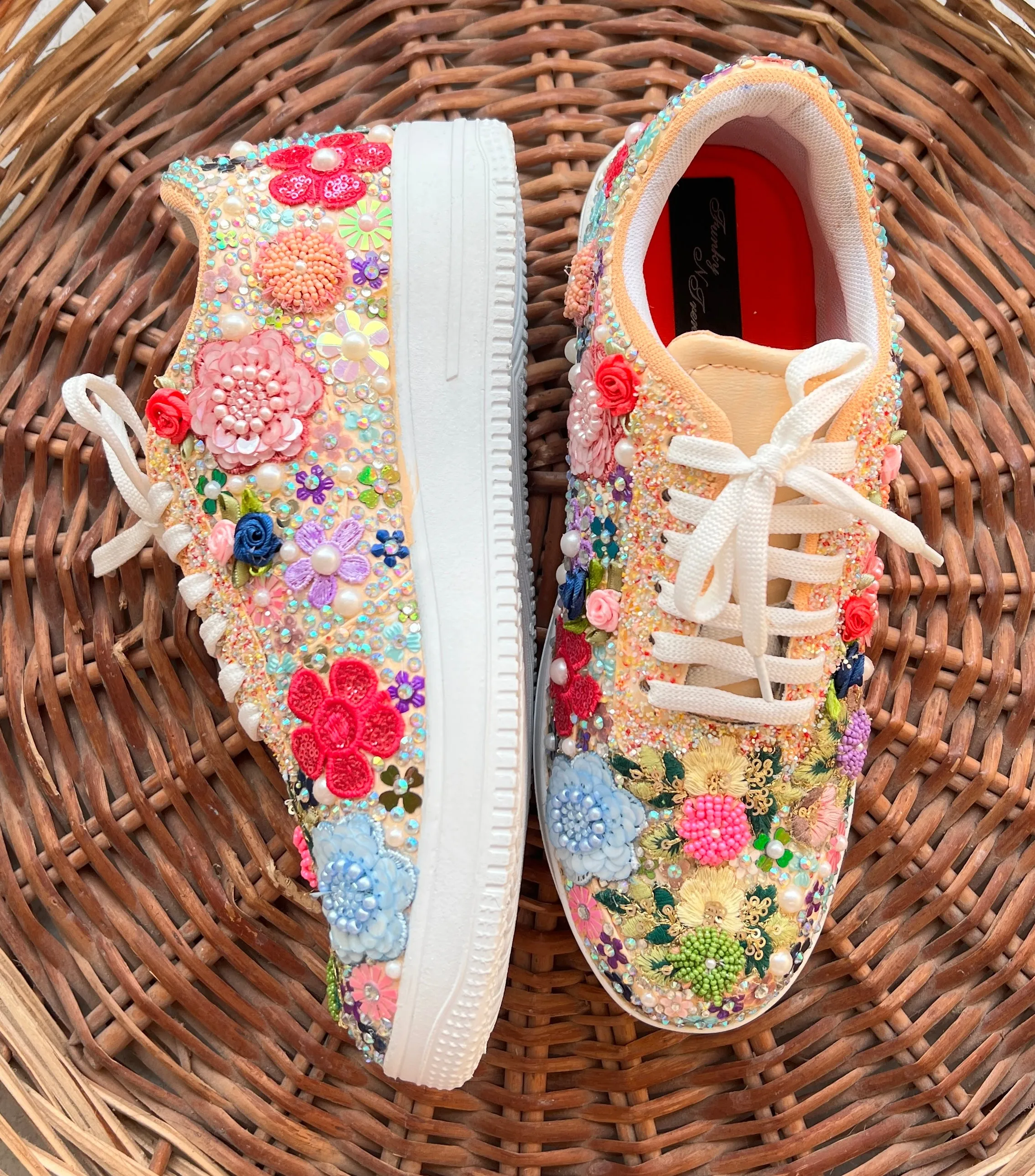 Funky N Trendy Couple sneakers/ bridal sneakers / groom sneakers/ floral sneakers / floral shoes/funky sneakers funky shoes/ bride shoes/ groom shoes / couple shoes/floral sneakers/ multi colored embroidered sneakers