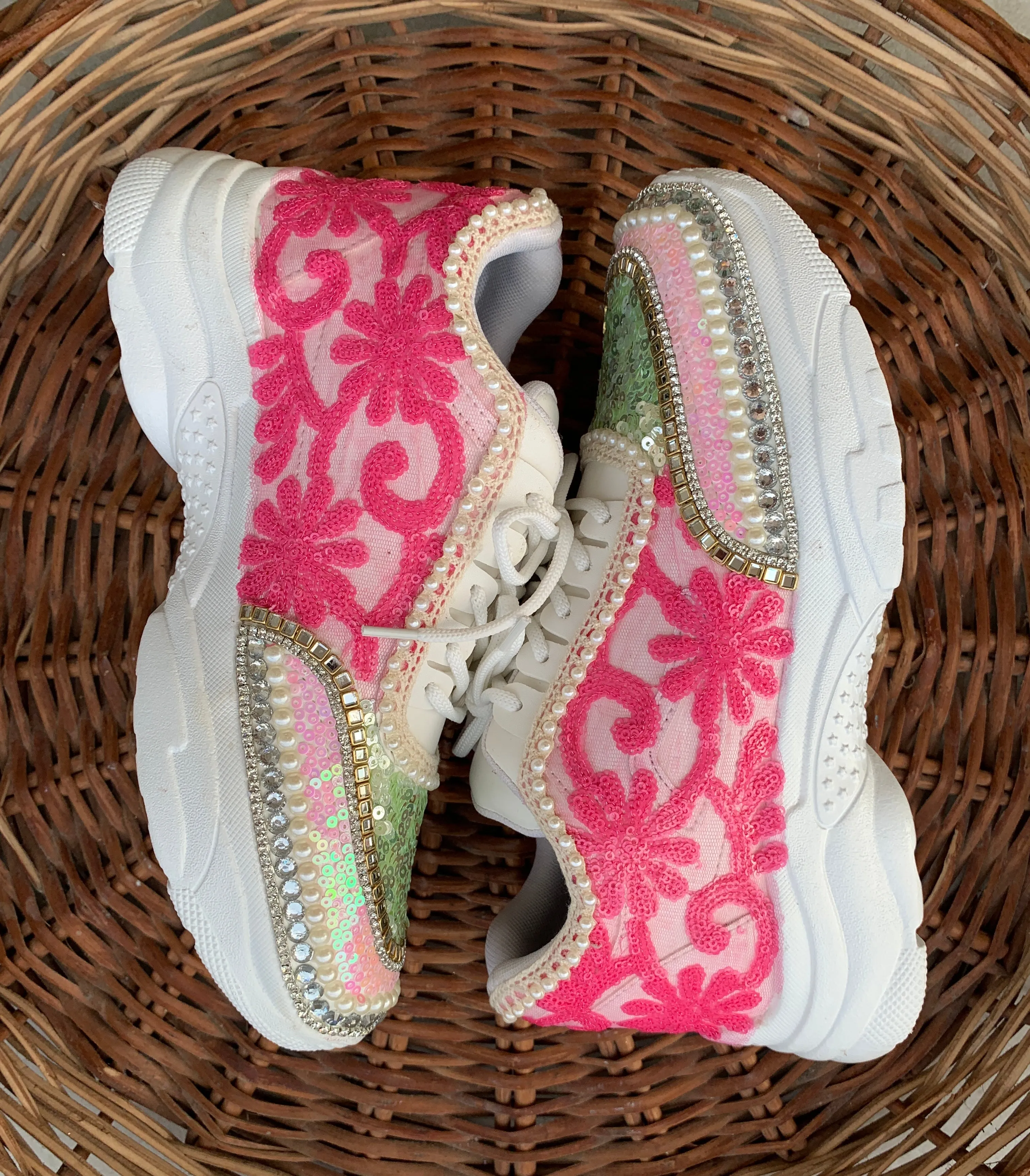 FUNKY N TRENDY hand embroidered pink and green floral work sneakers