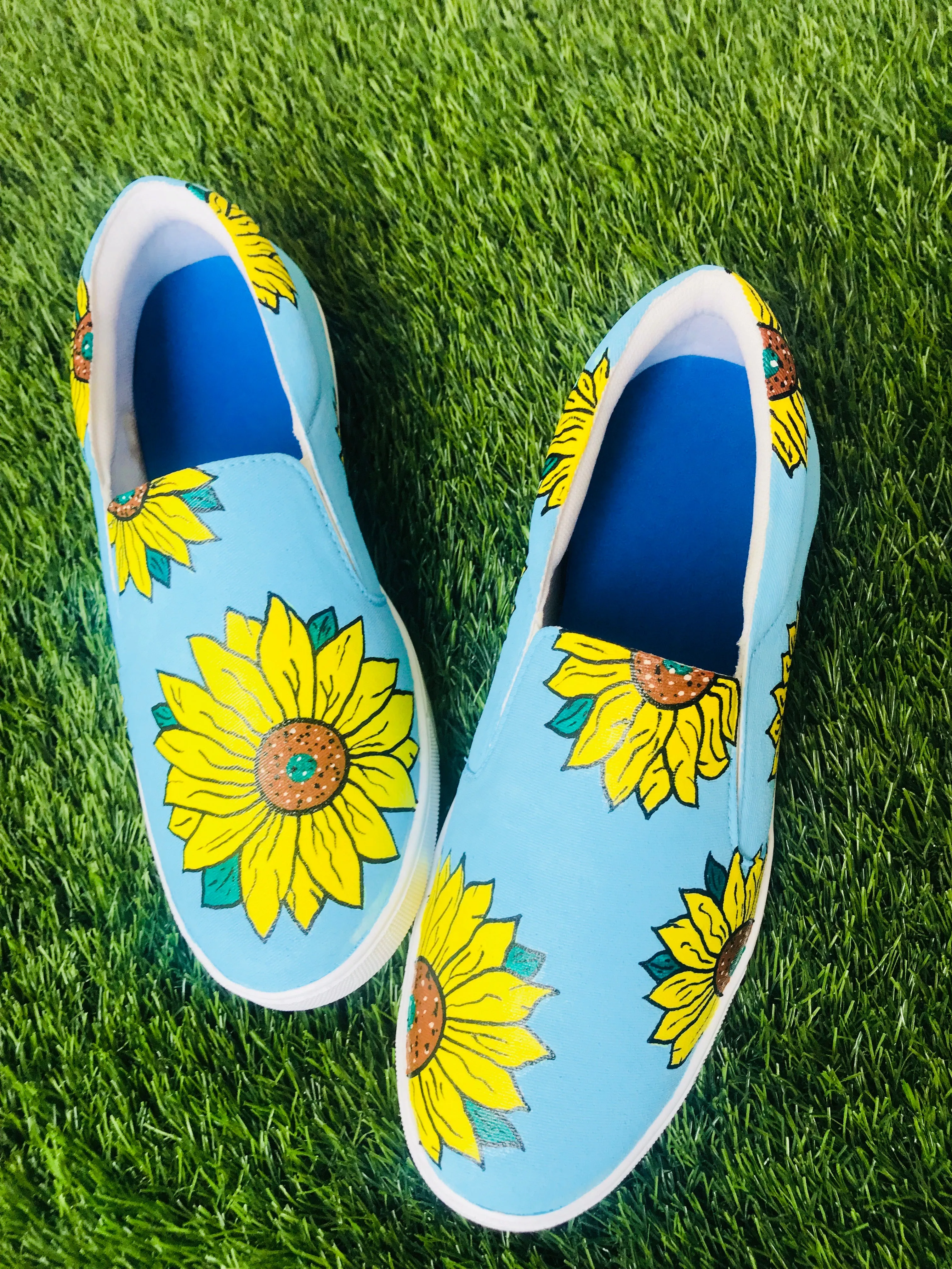 Funky N Trendy hand painted water resistant Sunflower slip on shoes/ handpainted shoes/ women shoes / funky shoes/ blue shoes / funky handpainted shoes