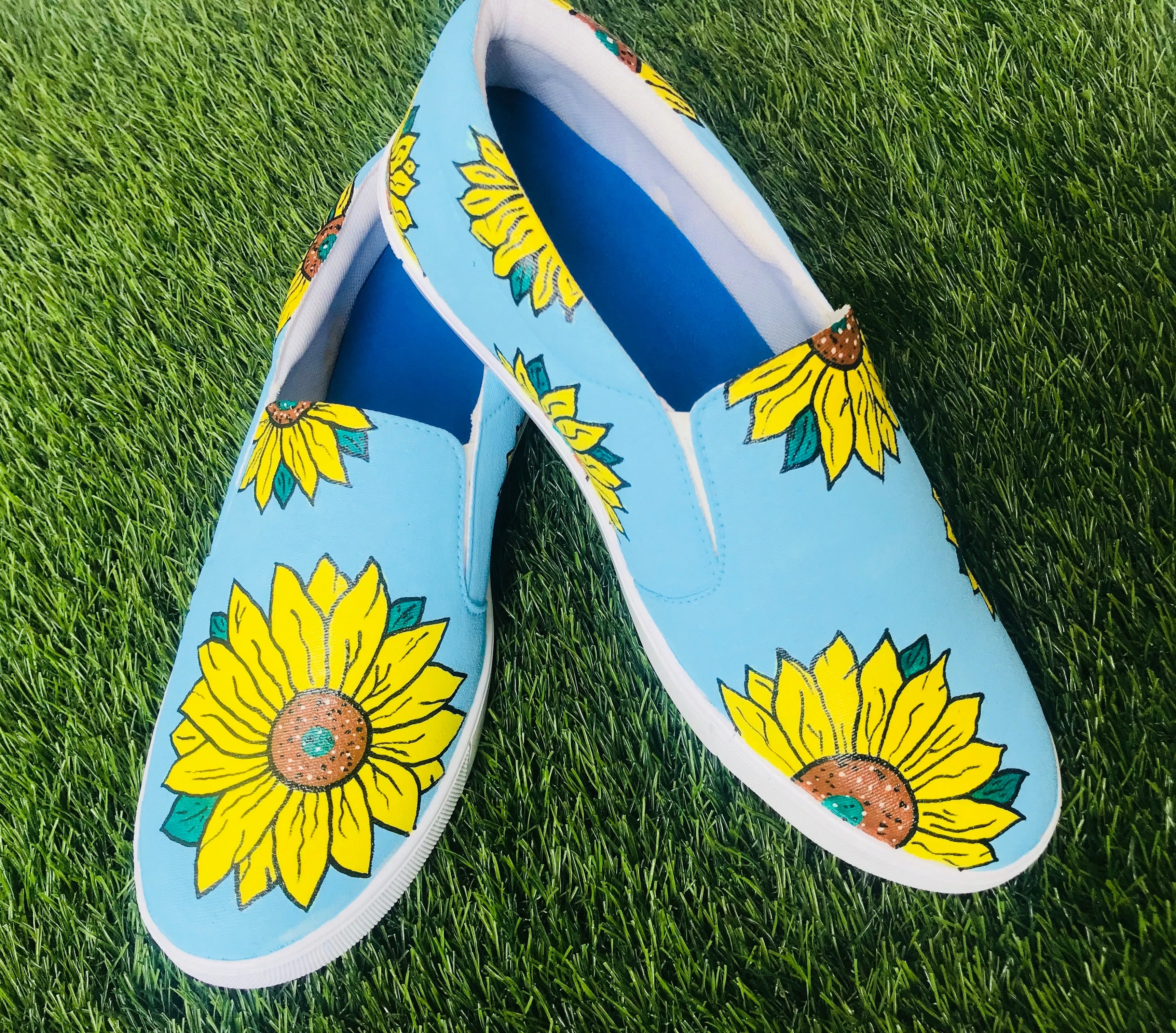 Funky N Trendy hand painted water resistant Sunflower slip on shoes/ handpainted shoes/ women shoes / funky shoes/ blue shoes / funky handpainted shoes