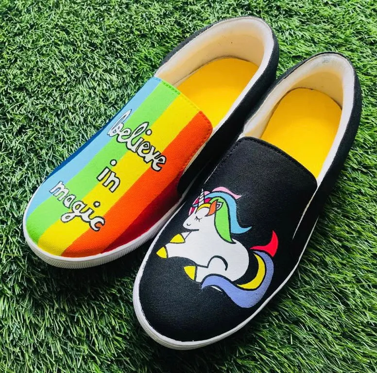 Funky N Trendy hand painted water resistant Unicorn theme slip on shoes/ handpainted shoes/ women shoes / funky shoes/ blue shoes / funky handpainted shoes