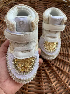 Funky N Trendy ivory gold sneakers with rhinestone detailing/kids sneakers/ gold shoes / kids shoes/ golden sneakers / golden shoes for kids/handmade sneakers for kids