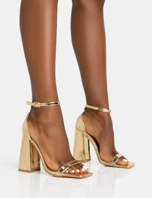 Geri Gold PU Barely There Square Toe Block Heels