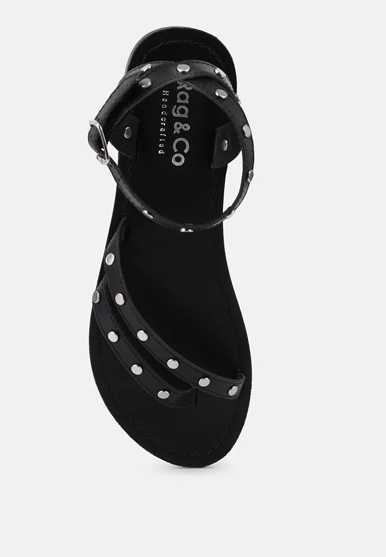 OPRAH Studs Embellished Flat Sandals in Black