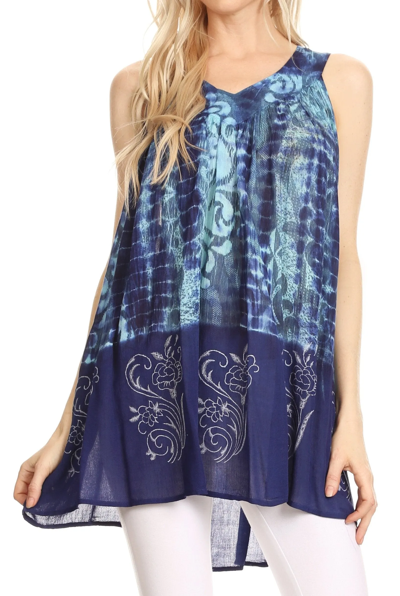 Sakkas Marie Sleeveless Crinkle V-neck Tank Top with Print