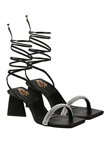 Shoetopia Embellished Stutted Strap Black Heeled Sandals For Women & Girls /UK6