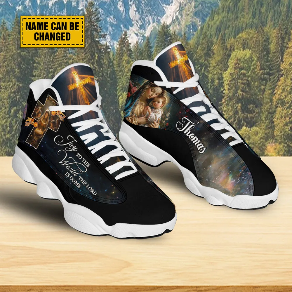 Teesdily | Custom Mary Nativity Jesus Christmas Basketball Shoes, Joy To The World The Lord Is Come Running Shoes, Jesus Sport Shoes