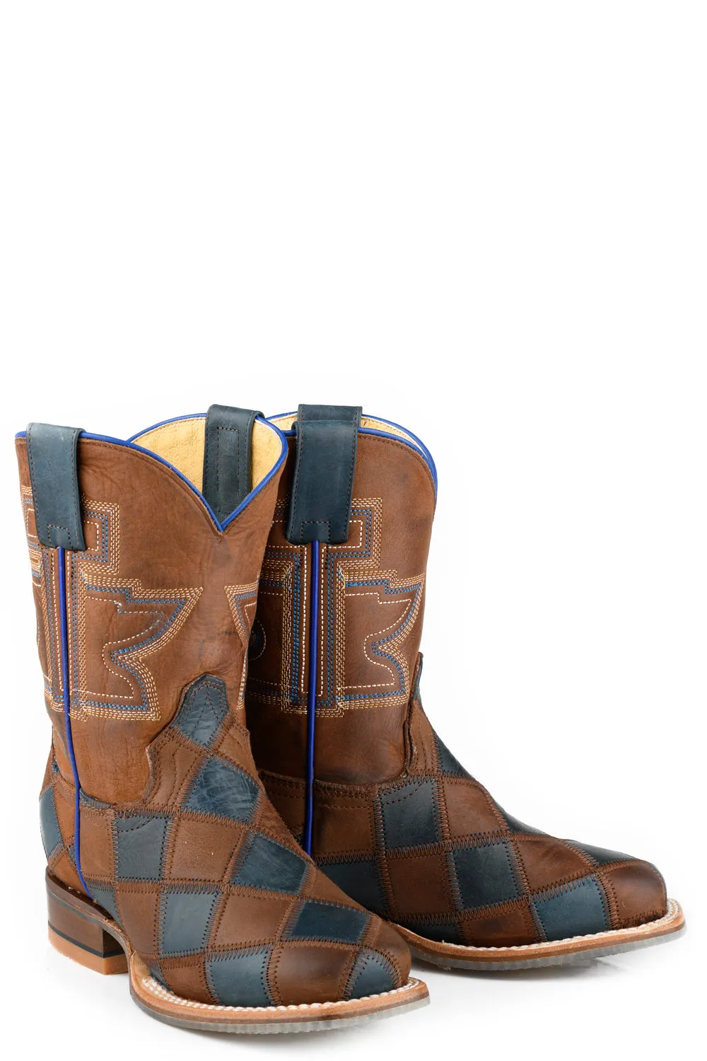 Tin Haul Kids Unisex Check It Out Brown/Navy Leather Cowboy Boots