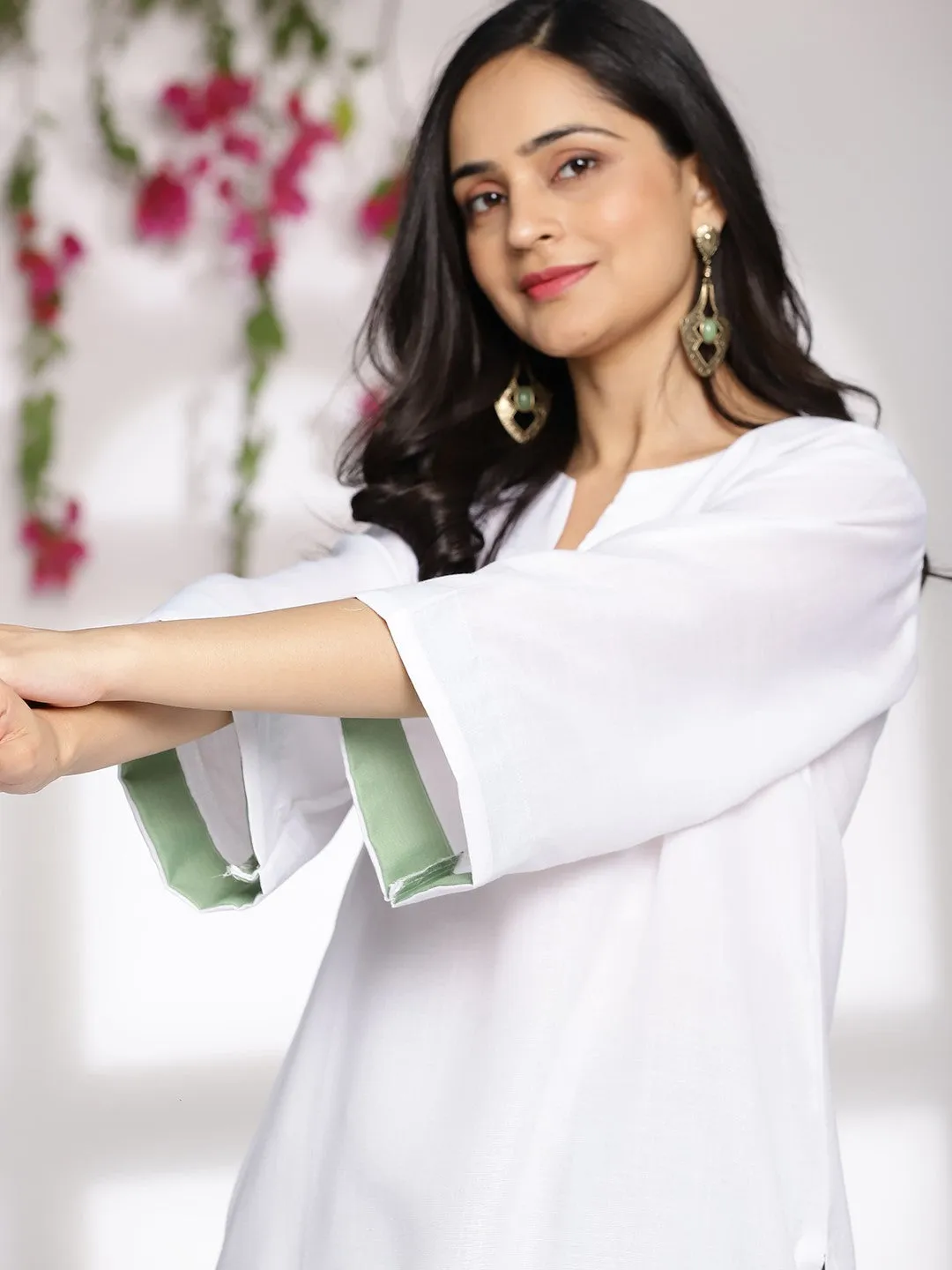 White CottonSlub LongKurta & SageGreen Palazzo