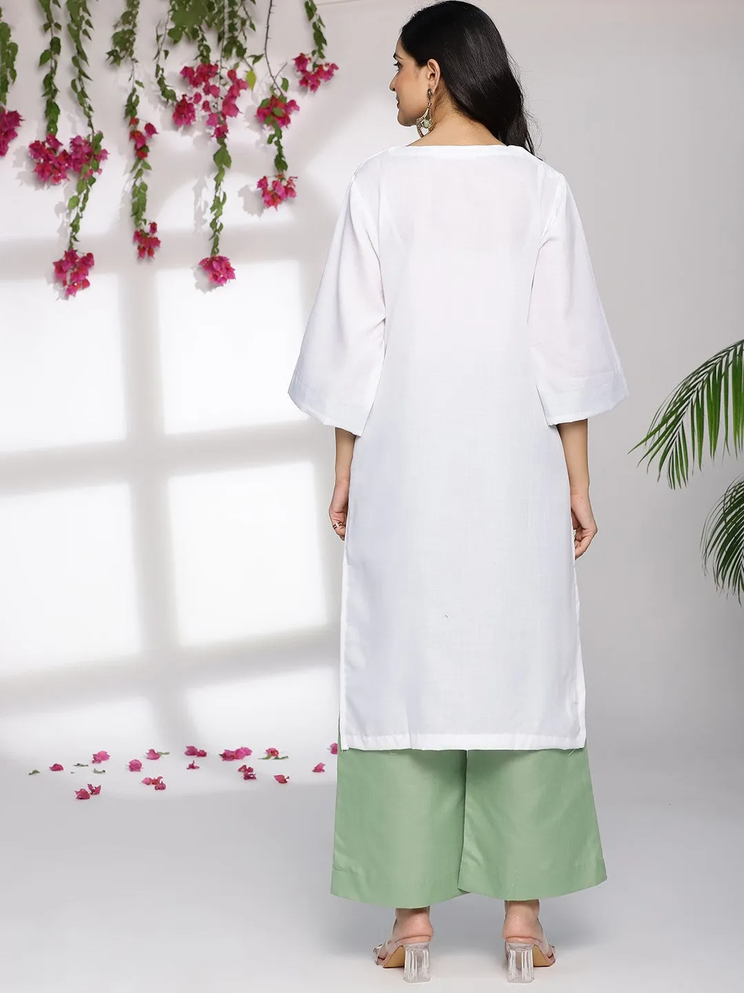 White CottonSlub LongKurta & SageGreen Palazzo